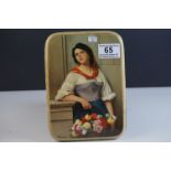 Russian Lacquered Box, the hinged lid decorated with an image of a Russian Lady holding a Basket