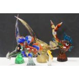Murano glass Cockerel together with a similar style glass golden pheasant and two fish.
