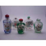 5 x assorted glass Chinese scent bottles each one with painted decoration various sizes the