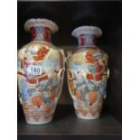 Large pair of Japanese vases, makers mark to base, 13" tall decorated with Samurai Warriors, c1900,