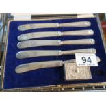 Silver h/m match box Vesta, boxed set of 5 silver handled butter knives,