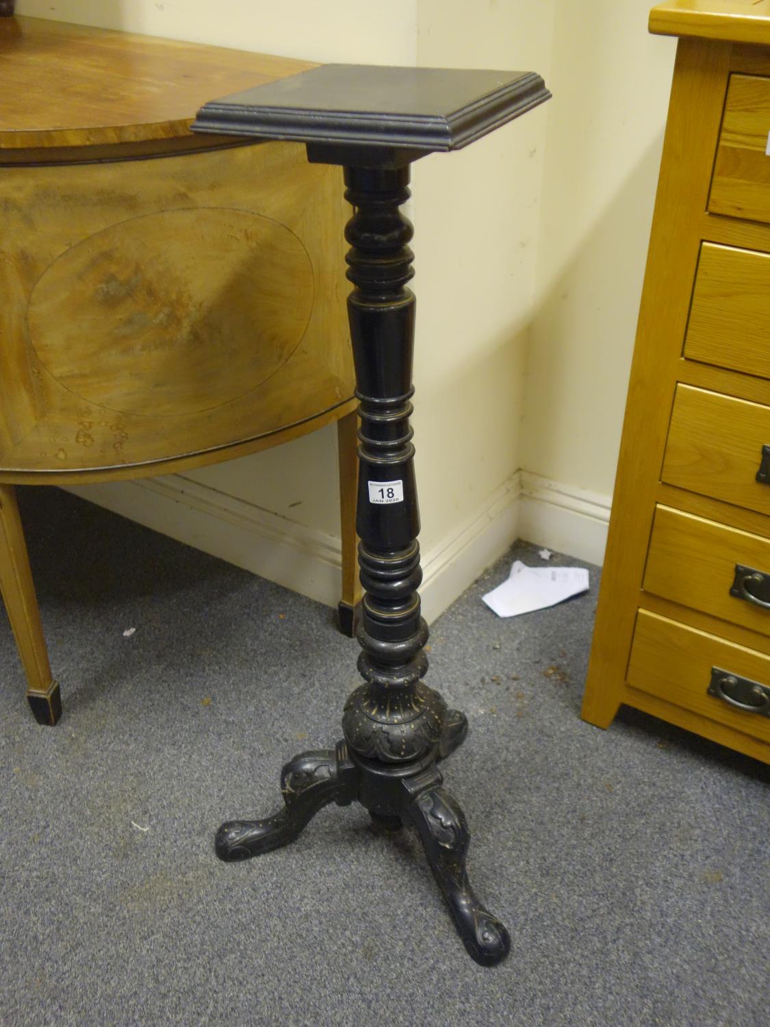 Ebonised Torchere, 3' tall on tripod supports