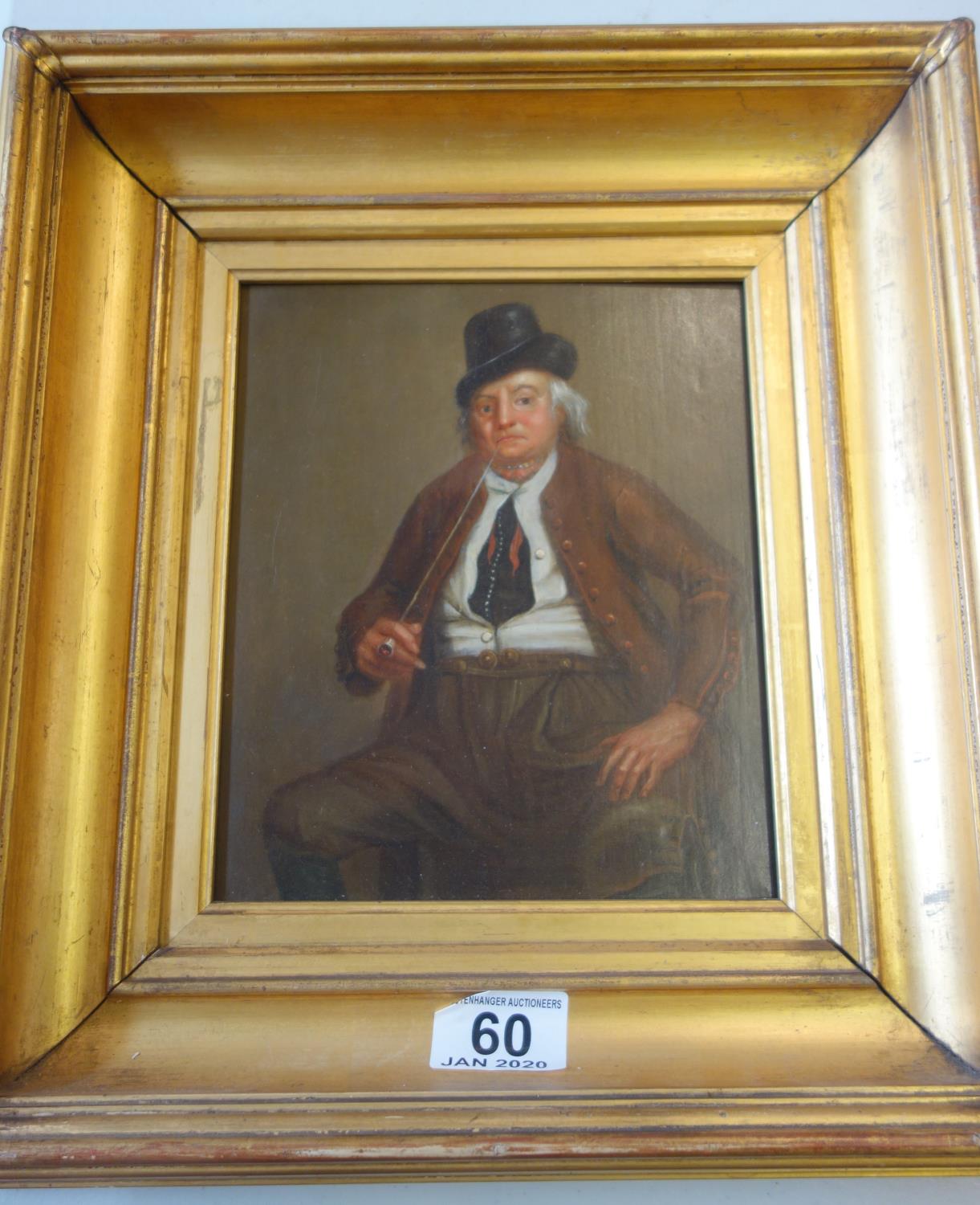 oil painting on board,Dutch trader, 6" x 8" in original gilt frame a seated man smoking