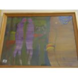 Gilt framed and glazed stylized painting of 3 x naked people in a landscape, 24" x 30"