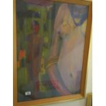 Gilt framed and glazed stylized painting of naked Man and naked Woman 30" x 20" signed bottom right