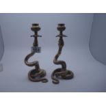 2 x heavy brass middle Eastern candlesticks modelled as Cobra's 8" tall