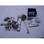 Collectors box to include a silver and Mother of Pearl fruit knife, broken milky Jade model of a