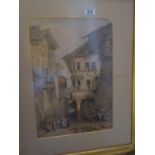 framed and glazed coloured print of a Continental street scene, in original gilt frame, 20" x 24"