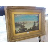 19 th century ornate gilt frame with oil painting on canvas of a panoramic landscape scene enclosed,