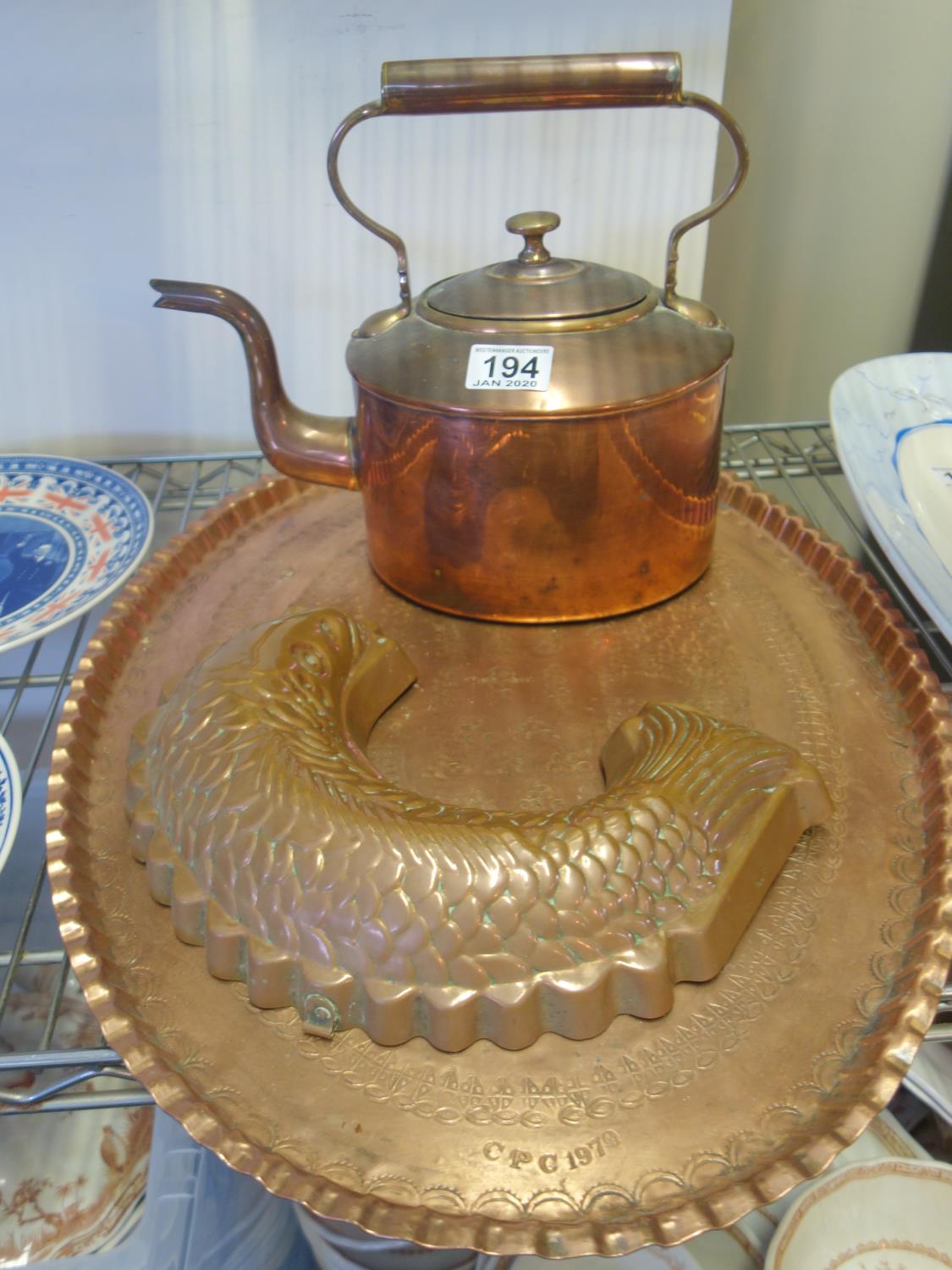 Vintage copper kettle and a Vintage oval copper tray and a Vintage Jelly mould modelled as a Fish