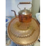 Vintage copper kettle and a Vintage oval copper tray and a Vintage Jelly mould modelled as a Fish