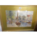 Herbert Moxon Cook, a framed and glazed panoramic watercolour scene with numerous figures, boats and