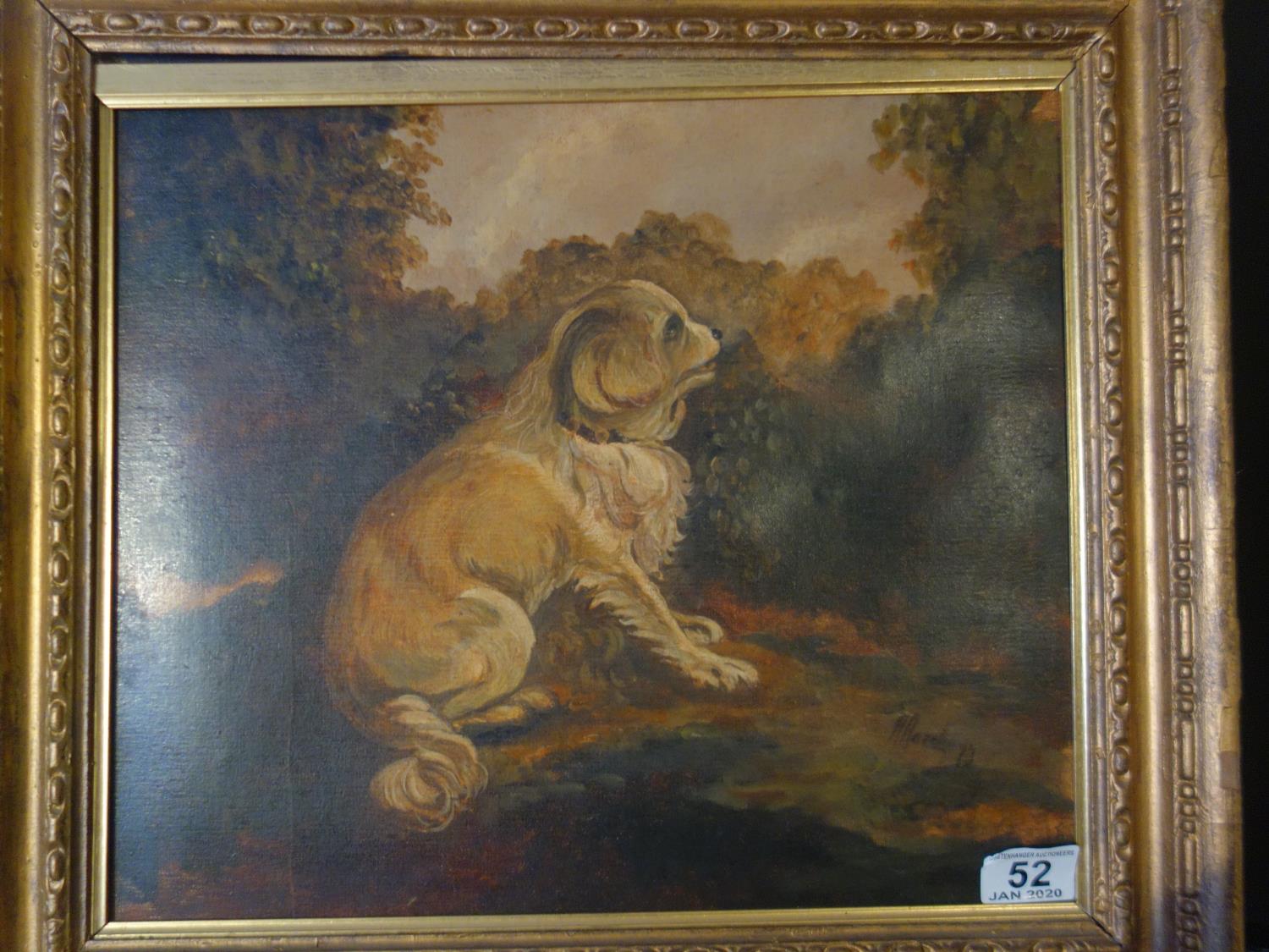 Oil painting on board a naive style painting of a dog signed and dated 13' or 73? board measures 14"