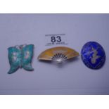 3 x silver and enamel made in Siam brooches, modelled as Fan and Butterfly,
