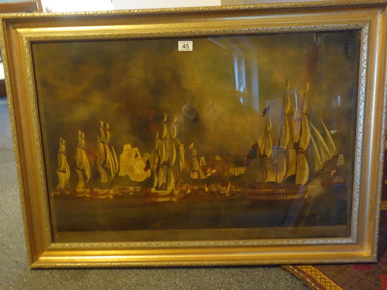 Superb painting, a painted print on glass, Victory of Trafalgar, in the Lan, a scene depicting