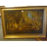 Superb painting, a painted print on glass, Victory of Trafalgar, in the Lan, a scene depicting