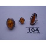 3 x silver and Amber Ladies rings