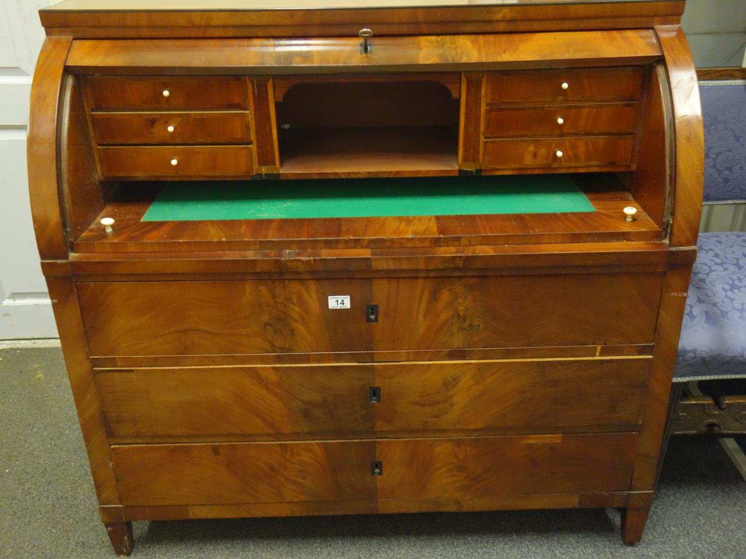 French c1820 Superb solid oak and walnut D design Bureau, Empire inspired with ebony highlights, the