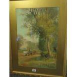 Henry Charles Fox, an Edwardian rural scene with harvester and horse and carriage in a panoramic