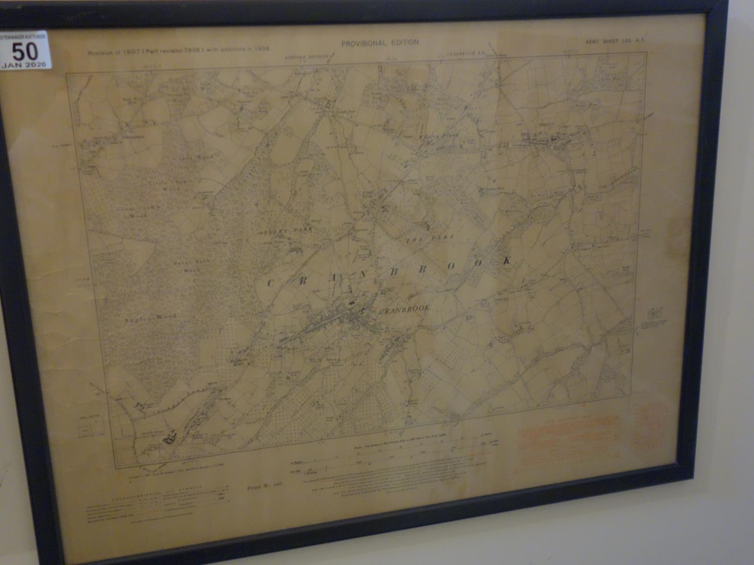 framed and glazed Map dated 1938 of Cranbrook in Kent,