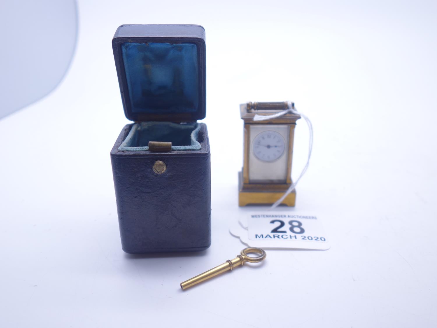 Good quality Fine Miniature travel clock, in original blue leather case, the miniature bronze - Image 2 of 5