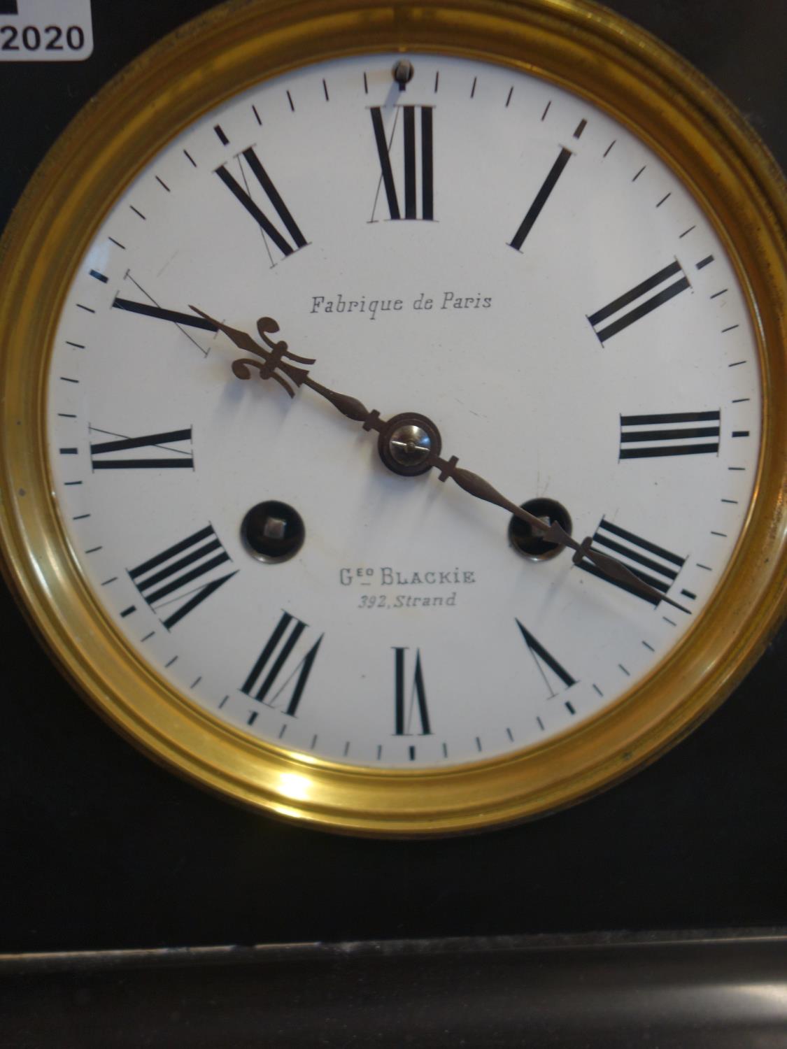 Marble french 8 day clock striking on a bell 10" tall supplied by George Blackie of the Strand - Image 2 of 4
