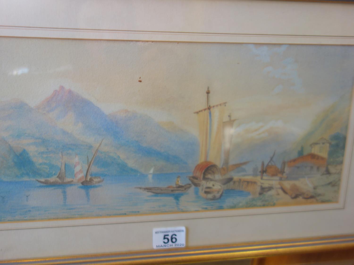 19c watercolour, panoramic Continental scene with figures monogrammed AR 10" x 20" approx probably - Image 2 of 3