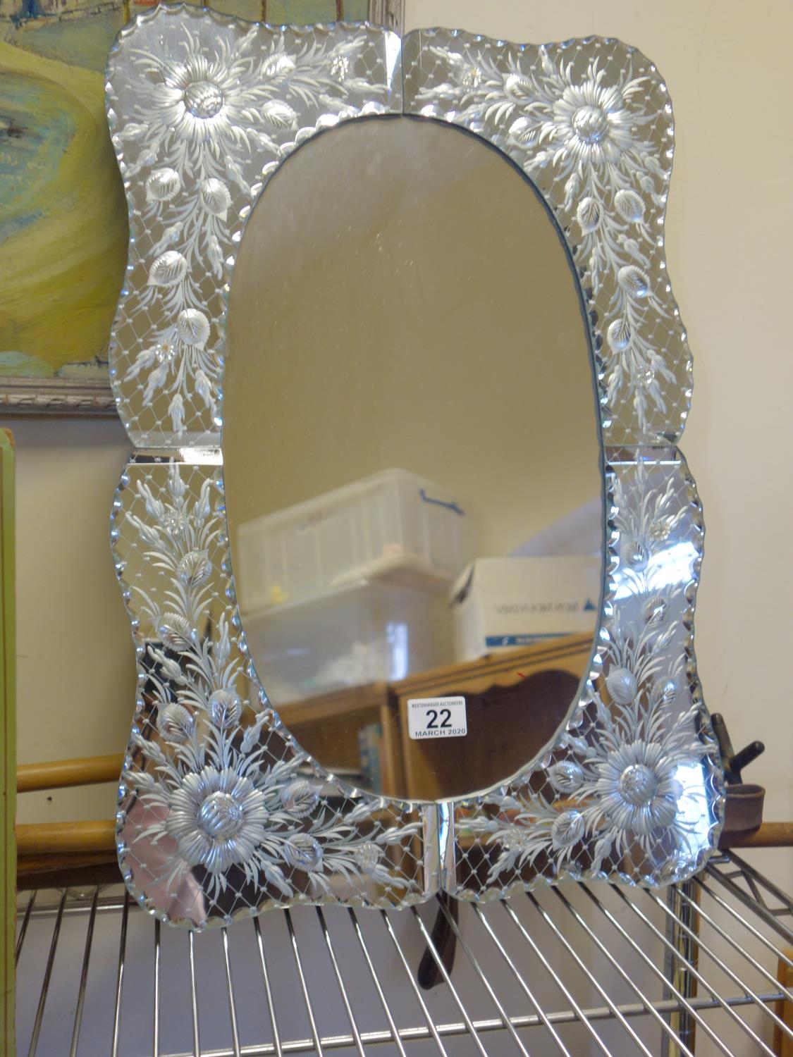 Venetian mirror, 2' long 18" tall with an oval inset plain mirror,