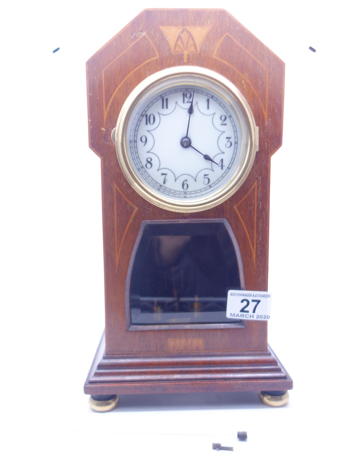 19c 400 day Anniversary clock with Edwardian inlaid decoration to the case,German GRIVOLAS No:11223