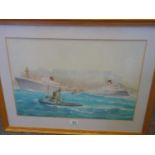 framed and glazed watercolour Shipping depicting two ships, Andalugia Star London and the Port