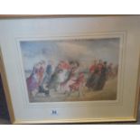framed and glazed coloured print, a Victorian scene of Soldiers and Folk walking on the Leas