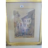 framed and glazed 19c coloured print, set in gilt frame, Continental street scene,