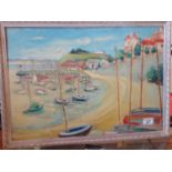 Framed oil on board French Harbour scene with boats and buildings 15" x 22" signed and dated 1969