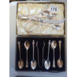 Assorted silver tea ware, with 5 Apostle spoons, 2 x pairs of sugar nips, 4 other silver spoons,