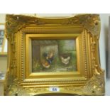 Framed painting of chickens in a farmyard scene after the original