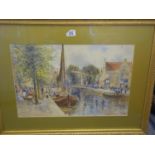 Herbert Moxon Cook, a framed and glazed panoramic watercolour scene with numerous figures, boats and