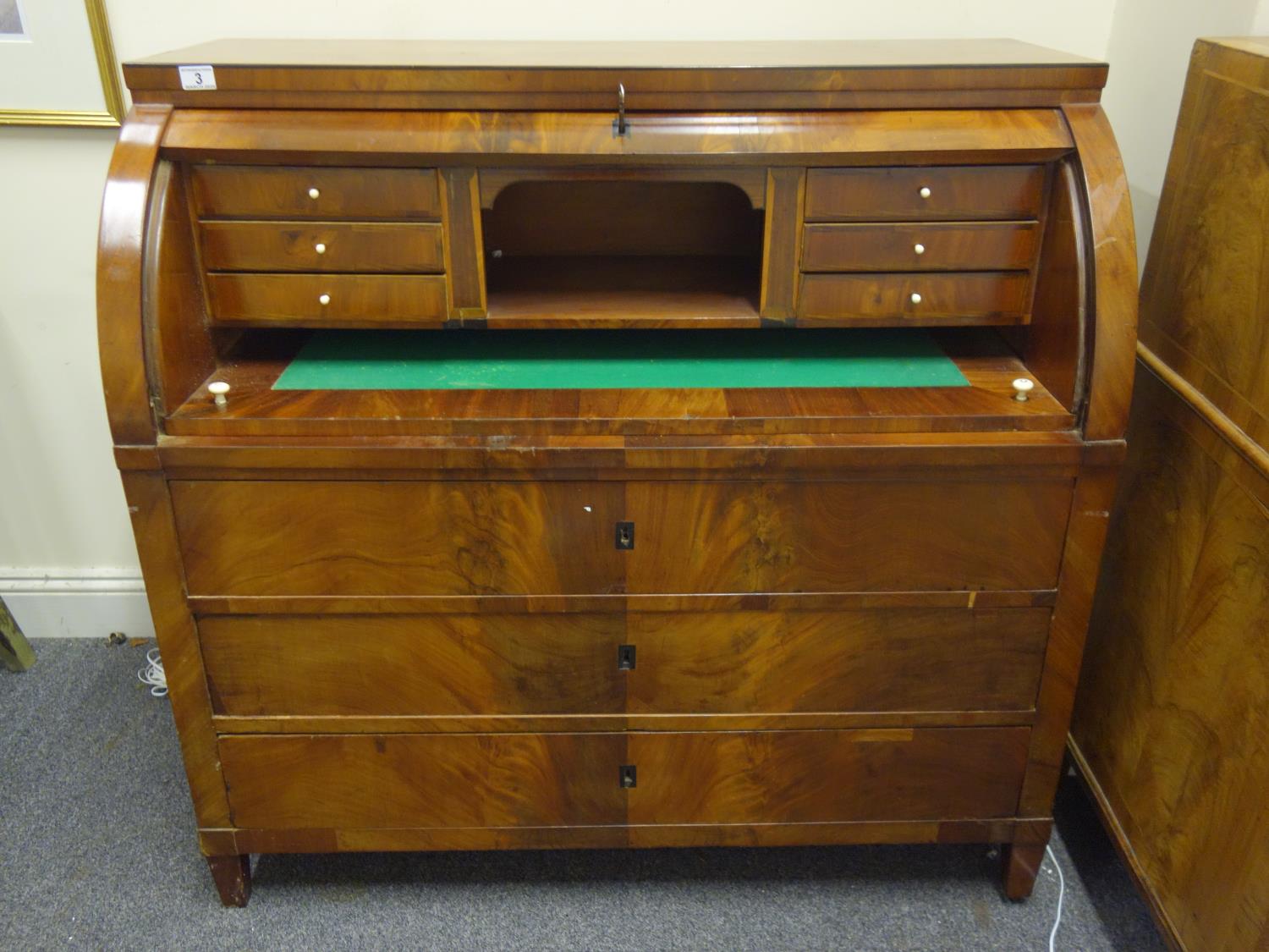 Superb solid oak and walnut Bombe design Bureau, Empire inspired with ebony highlights, the Bureau