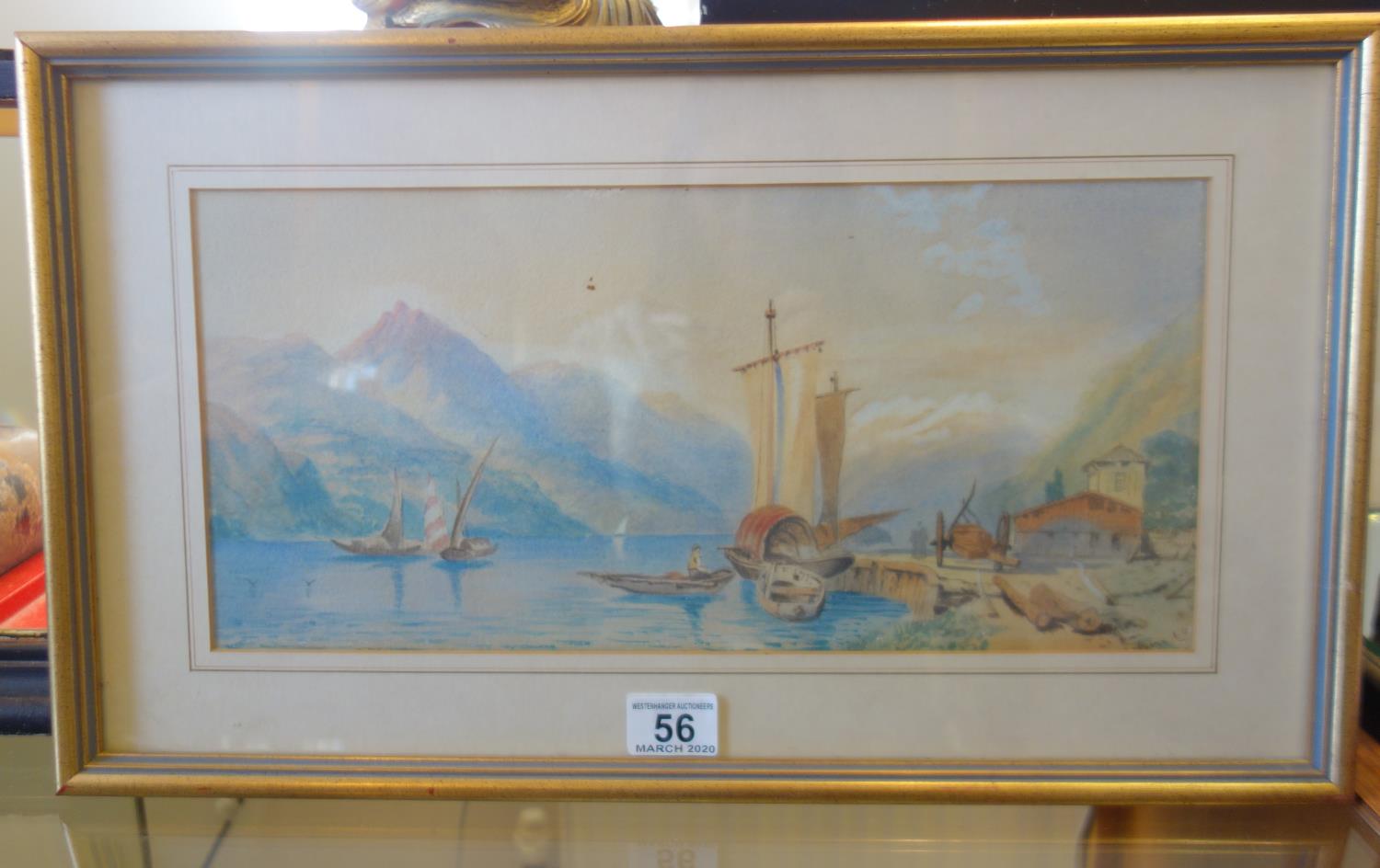 19c watercolour, panoramic Continental scene with figures monogrammed AR 10" x 20" approx probably