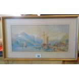 19c watercolour, panoramic Continental scene with figures monogrammed AR 10" x 20" approx probably