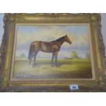 Susan Whigham, oil painting on canvas, Racehorse in a panoramic landscape scene with 2 other