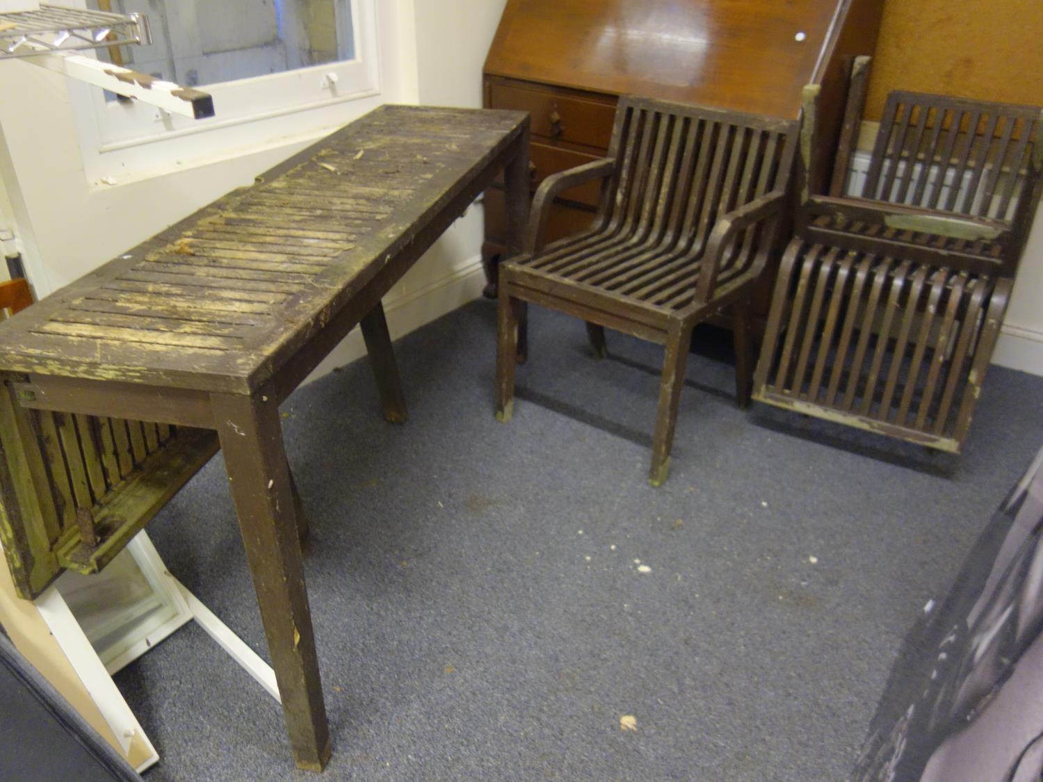 Canadian teak former habitat garden table with 6 chairs including 2 carvers, has been idle in a - Image 2 of 4