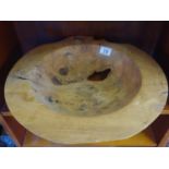 Superb hand crafted Burr Elm fruit bowl signed Alan Sheppard, 18" dia, 4" tall with a carved bowl