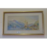 Victorian watercolour, Italian lake scene, 8" x 14" monogrammed AR,