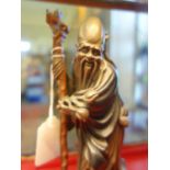 Carved Oriental Chinese figurine of a scholar with a staff 8.5" tall un-damaged