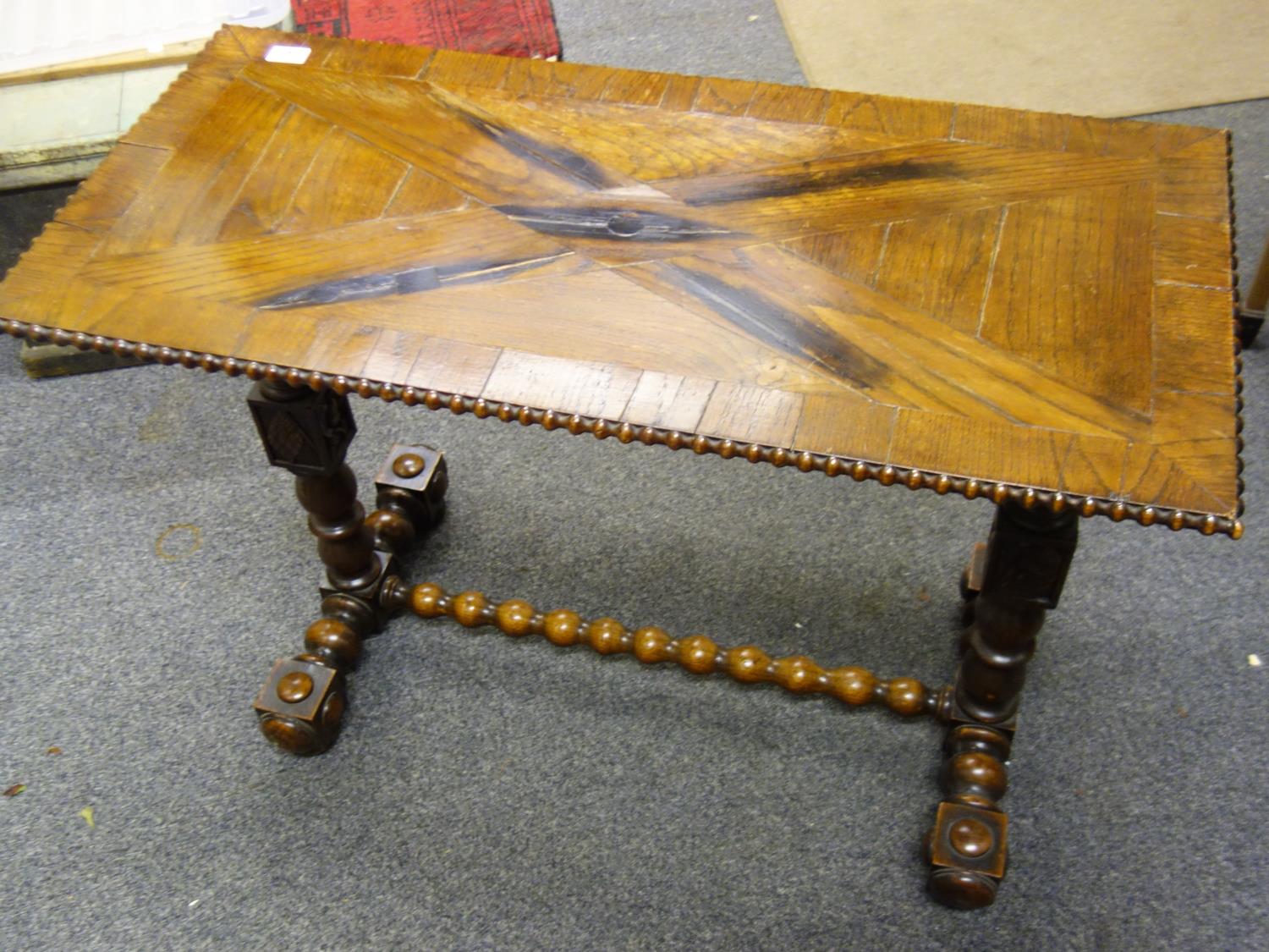 Nautical influenced 19th century sofa table with Marquerty design top above 2 columns each centre - Image 8 of 8