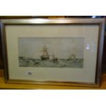 F/g watercolour, Ships in a rough sea, by J F Branegan, signed with initials probably off the