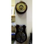 2 x modern Barometers, 1 x Shield shaped with Thermometer aperture, the other circular and 5" dia