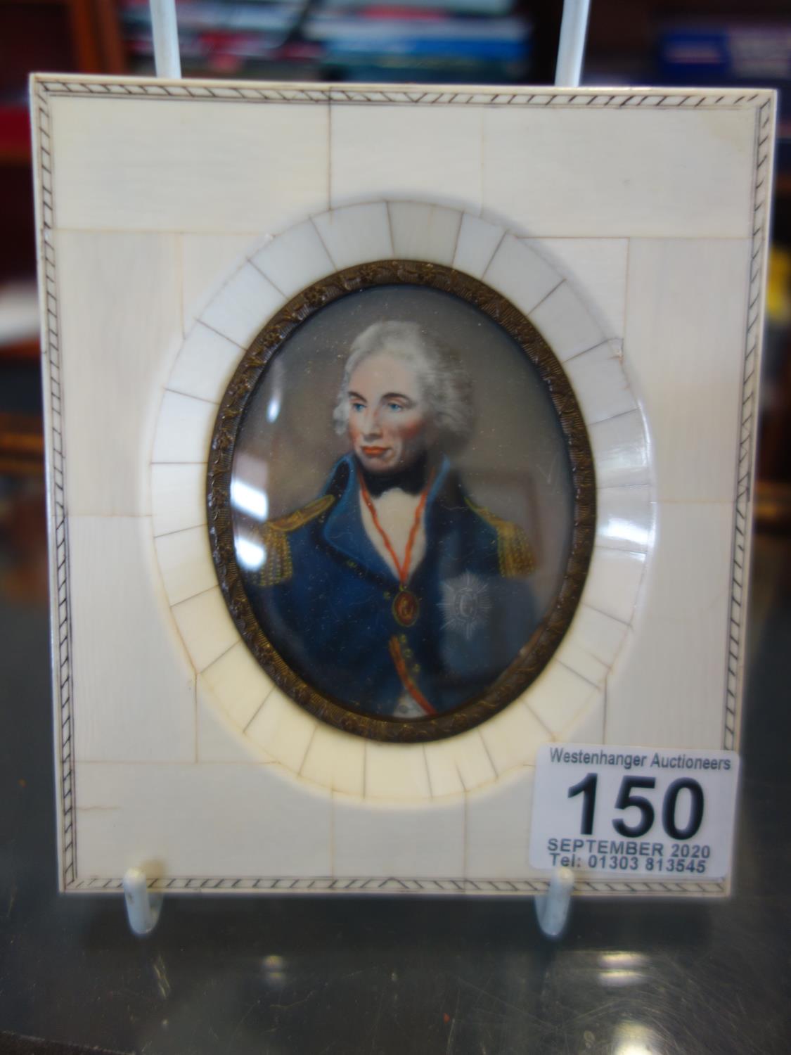 Miniature painting on very thin white card? depicting Nelson, 2.5" long 2.5" wide set in ivory