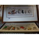 Signed French Paris Toilet Dogs, caricature coloured print, signed bottom left, 6" x 17" and 1 other