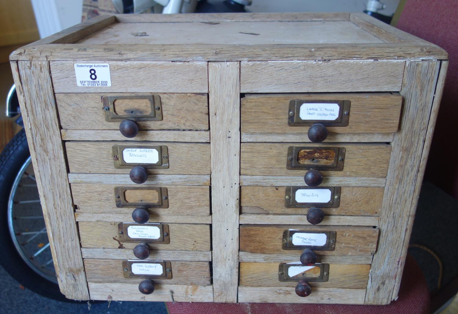 Small collectors cabinet, home made, a cluster of drawers to the front 12" tall 16" wide 14" deep